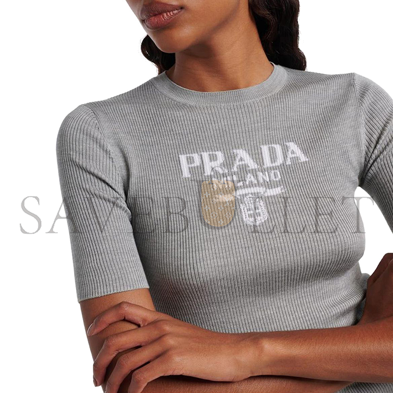 PRADA WOMEN'S GRAY LOGO RIBBED-TRIM SILK T-SHIRT 